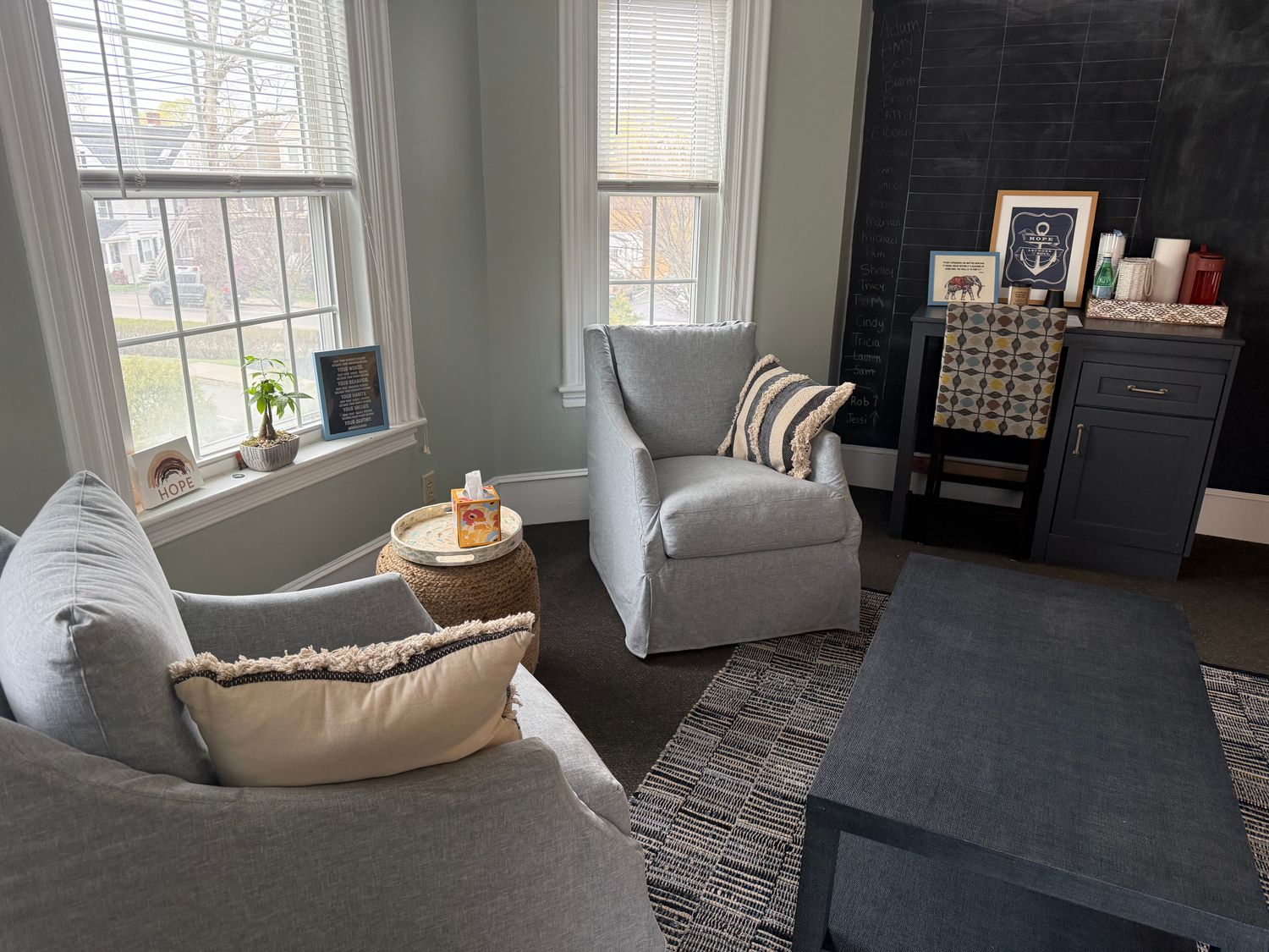 Therapy office waiting area at True North Counseling in Plymouth MA with comfortable seating and natural light